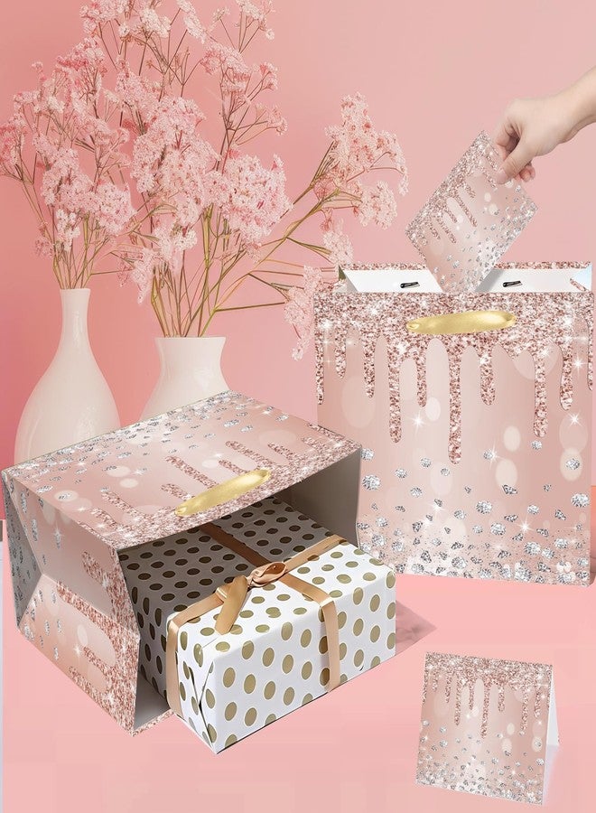 Woosytoo Rose Gold Gift Bags with Tissue Paper and Greeting Card Large Pink Rose Gold Birthday Bag for Girls Women Glitter Gift Wrapping Paper Bag with Handles for Birthday Wedding Bridal Showers Party Gift - Image 2